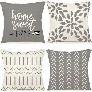 Modern Gray Sofa Pillow Cover Decorative Home Outdoor Linen Fabric Set of  4